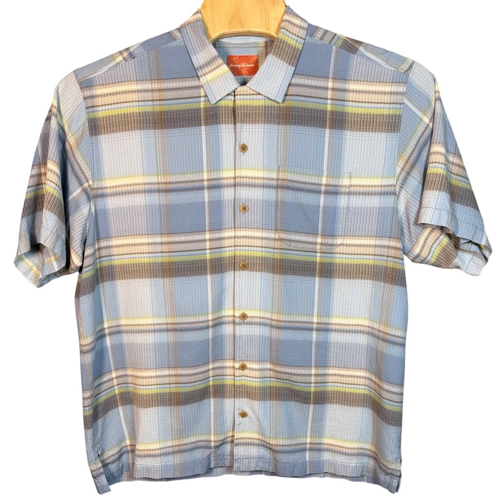 Tommy Bahama Mens XL Blue Plaid 100% Silk Short Sleeve Button Down Camp Shirt